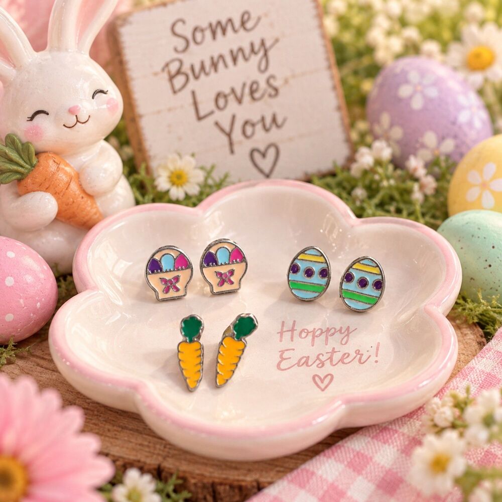 Easter Stud Earrings Lot, Easter Egg Basket Carrot Enamel Spring Jewelry 3 Pair